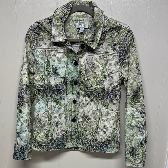 KEREN hart Green Jean Jacket with Artistic Botanical Print - Picture 1 of 13